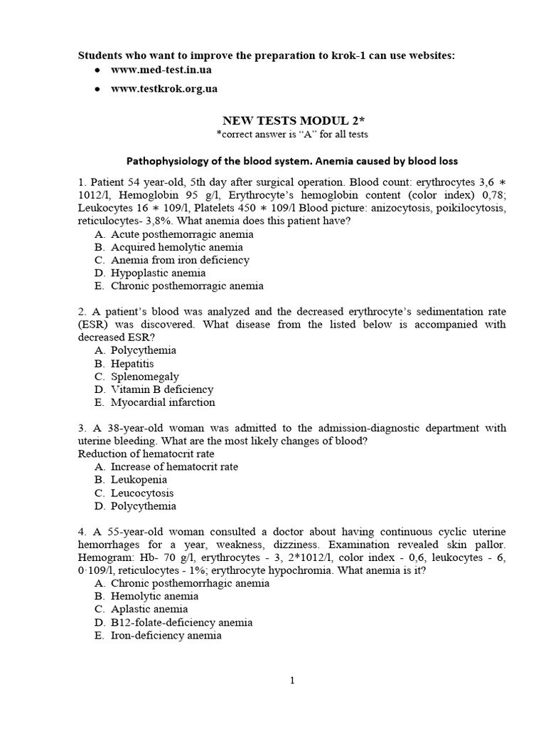 Tests Modul 2 | PDF | Anemia | White Blood Cell
