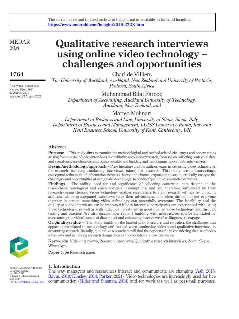 Viliers - 2021 - Qualitative Research Interview Using Online Video ...