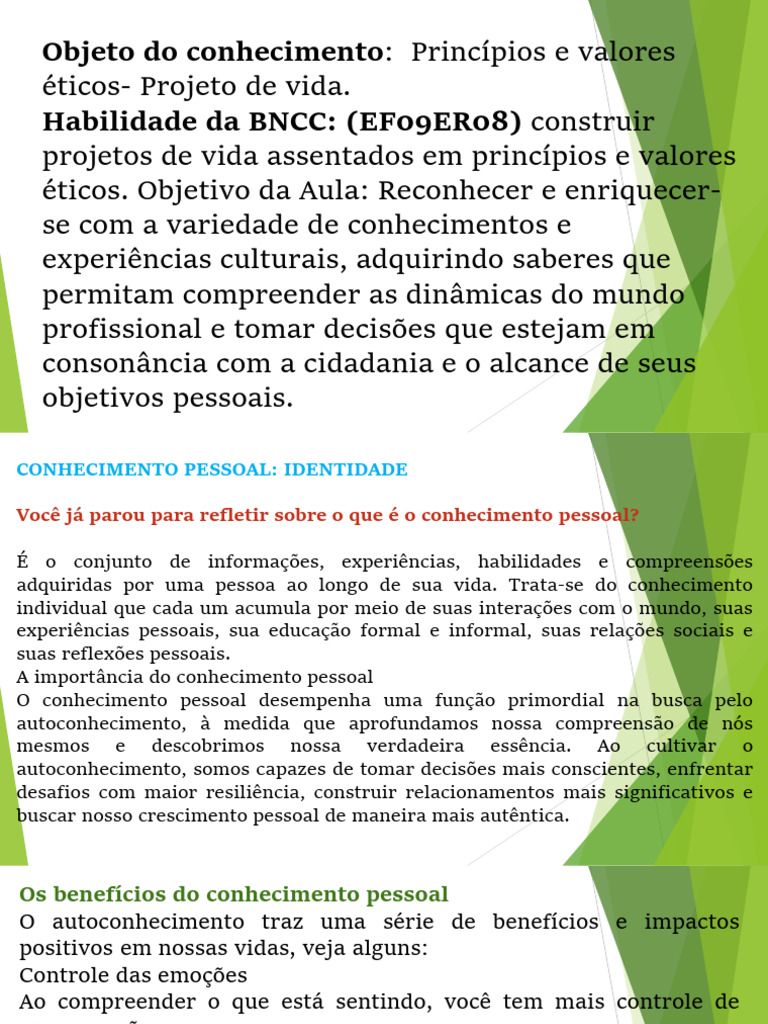 Eletiva - Projeto de Vida 8º Ano | PDF | Conhecimento | Vida