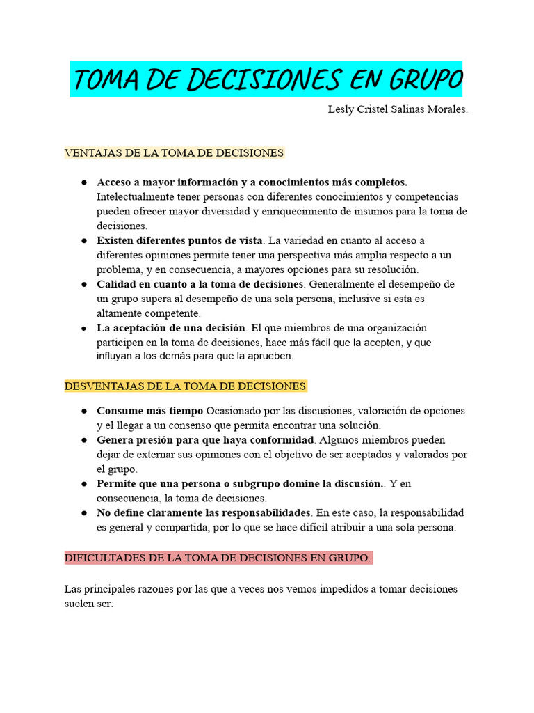 Toma de Decisiones en Grupo. | PDF | Toma de decisiones | Votación