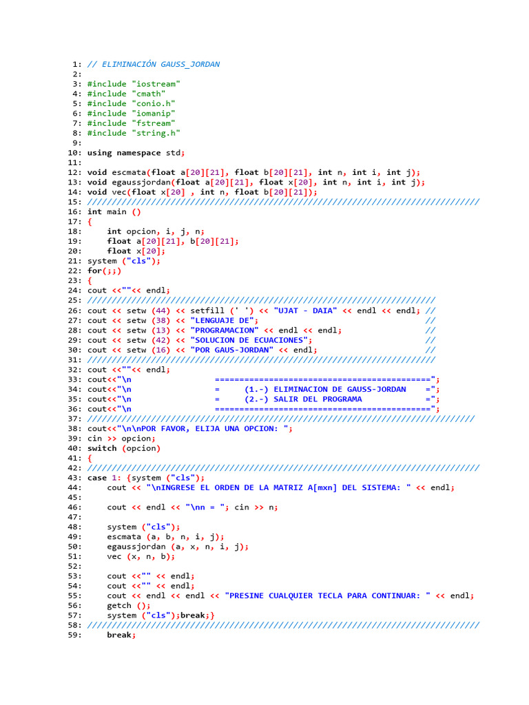 Eliminación Gauss-Jordan en C++ | PDF | Programación de computadoras | C