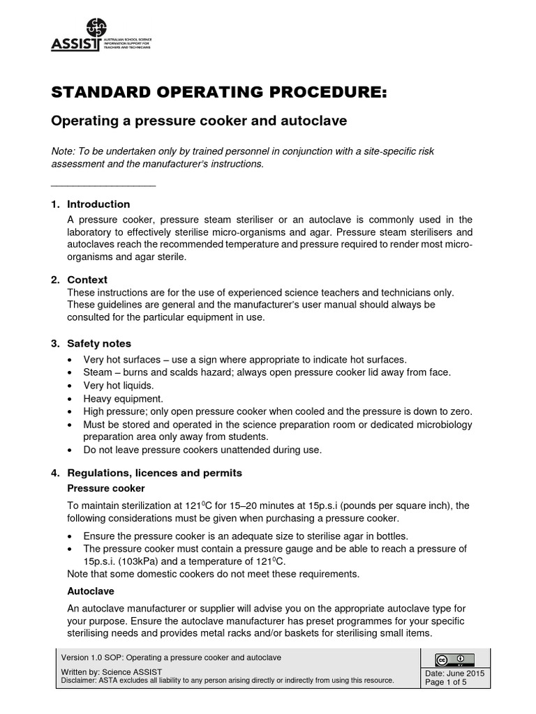 SOP Operating A Pressure Cooker and Autoclave PDF Sterilization