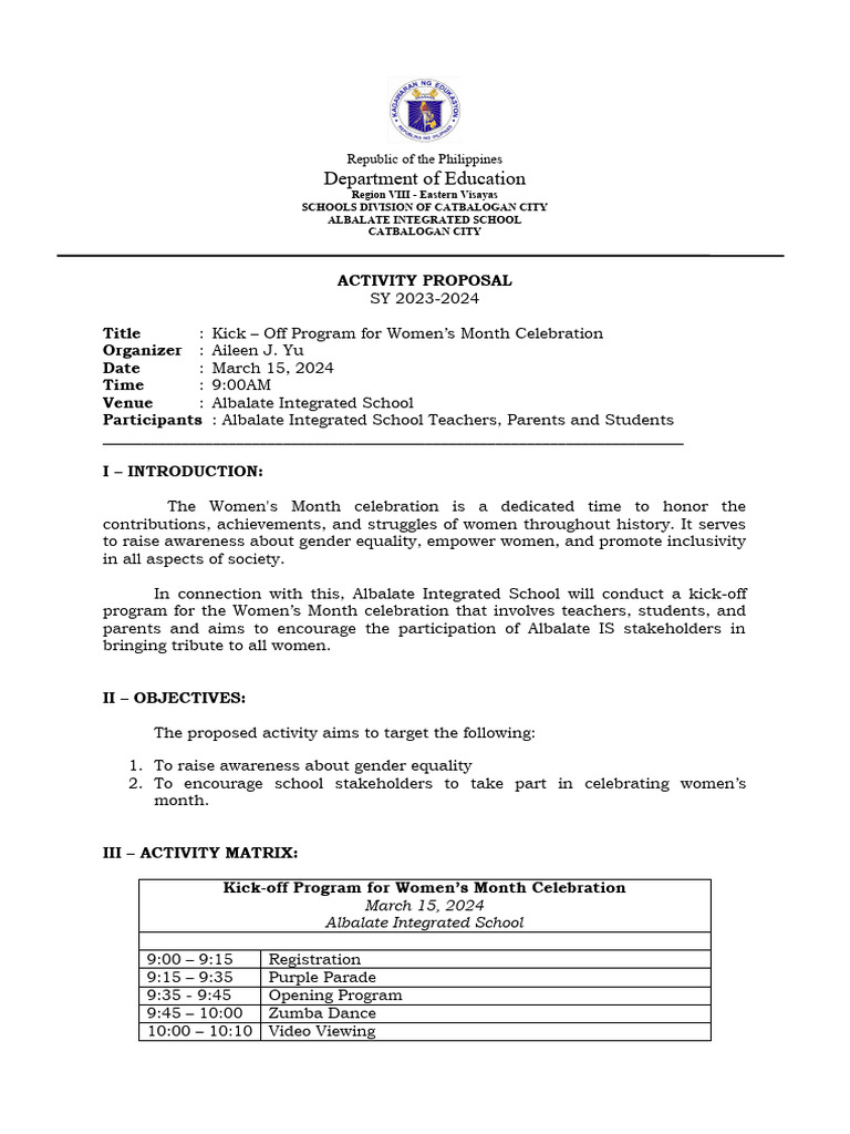 Activity Proposal For Kick-Off of Women's Month Celebration | PDF ...