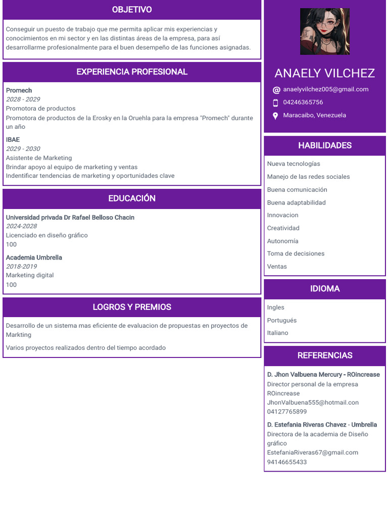 CV de Diseñador Gráfico Anaely Vilchez | PDF | Marketing | Economias