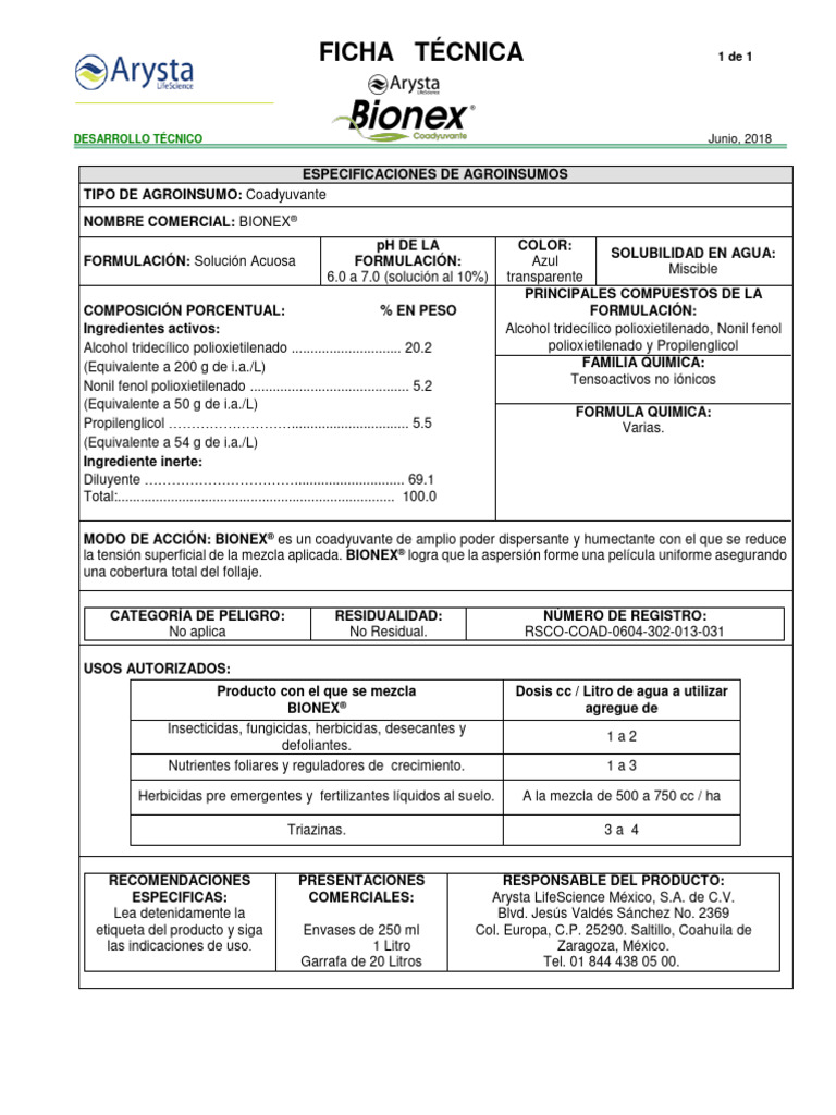 FICHA TECNICA BIONEX | PDF | Sustancias químicas | Química
