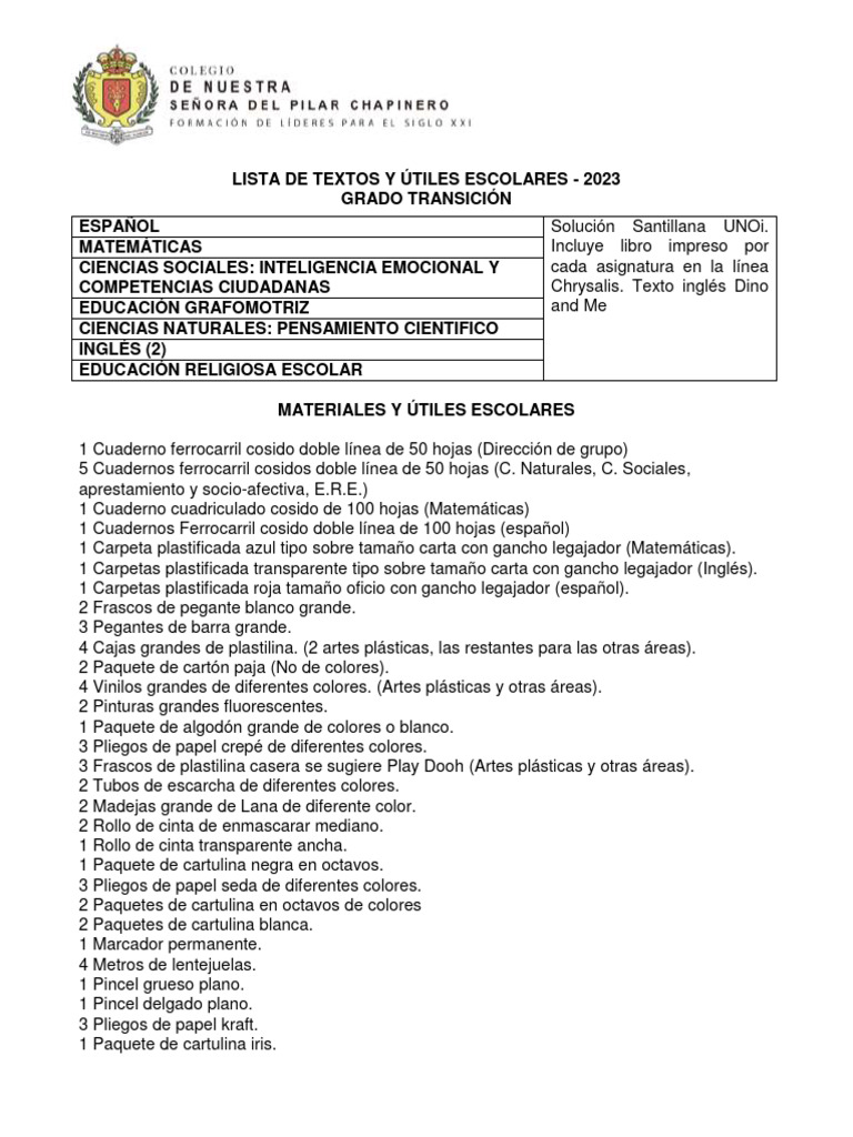 Lista de Útiles Escolares 2023 por Grado | PDF | Cuaderno | Libros