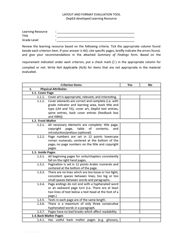 Format Evaluation Tool Pdf Book Design Typography