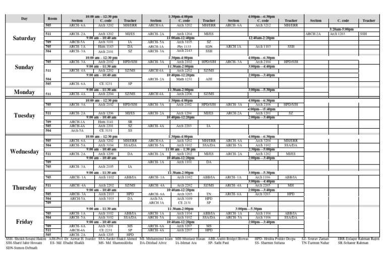 Weekly Class Schedule for Architecture | PDF