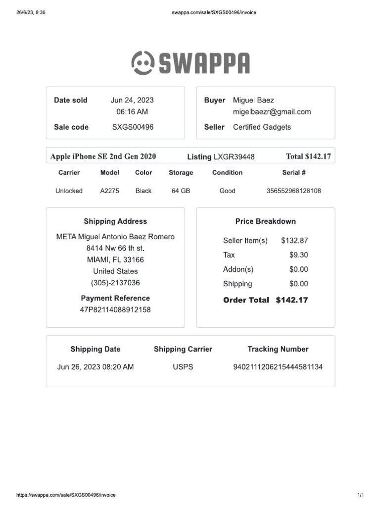 Invoice Swappa PDF