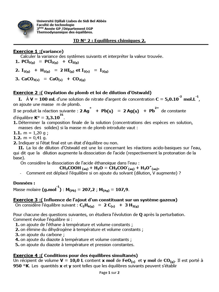 Fiche TD N02 Equilibre Chimique 2 L3GP | PDF | Équilibre chimique | Acide
