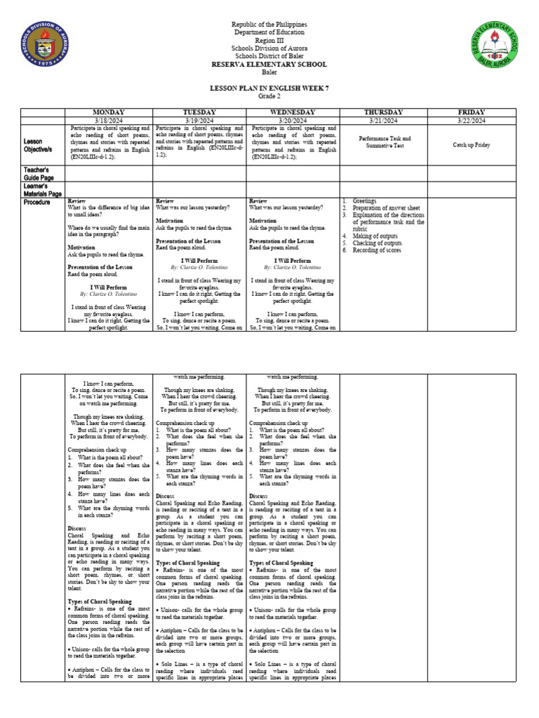 Grade 2 Lesson Plan Q3 W7 Pdf Poetry Poetics