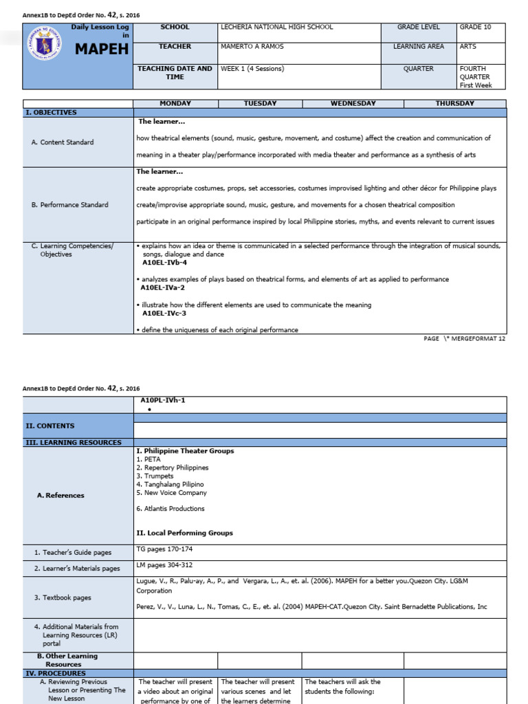 Grade 10 MAPEH Daily Lesson Log | PDF | Learning | Theatre