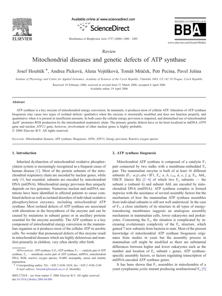 Mitochondrial Diseases and Genetic Defects of ATP Synthase | PDF ...
