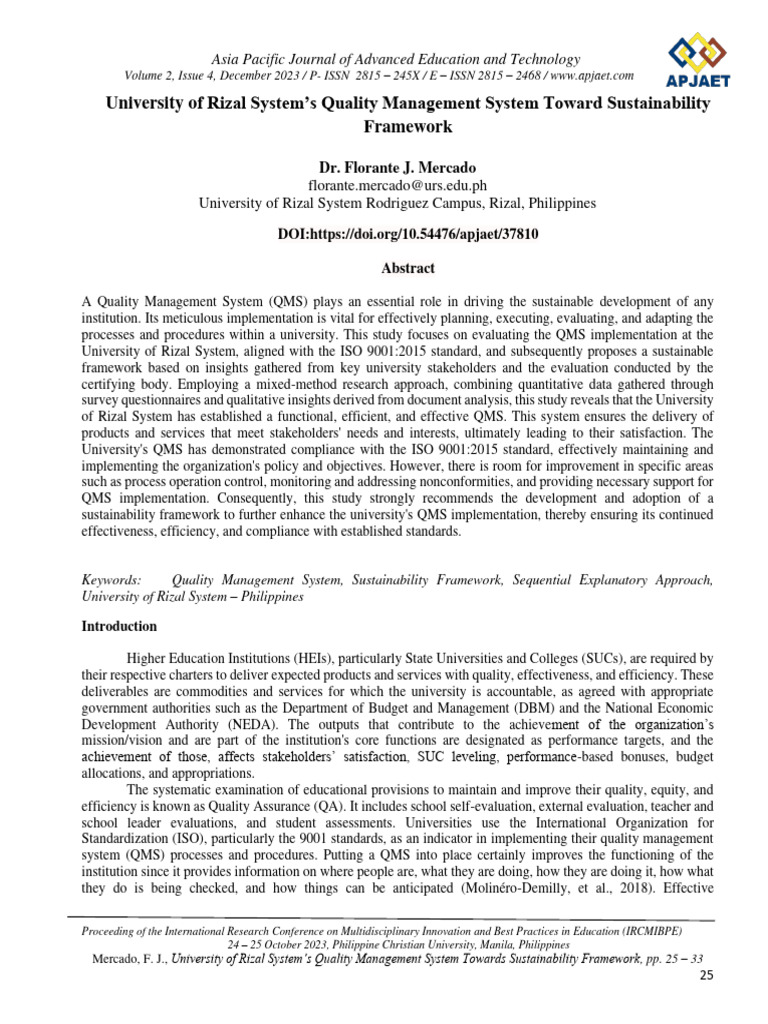 University of Rizal System's Quality Management System Towards ...