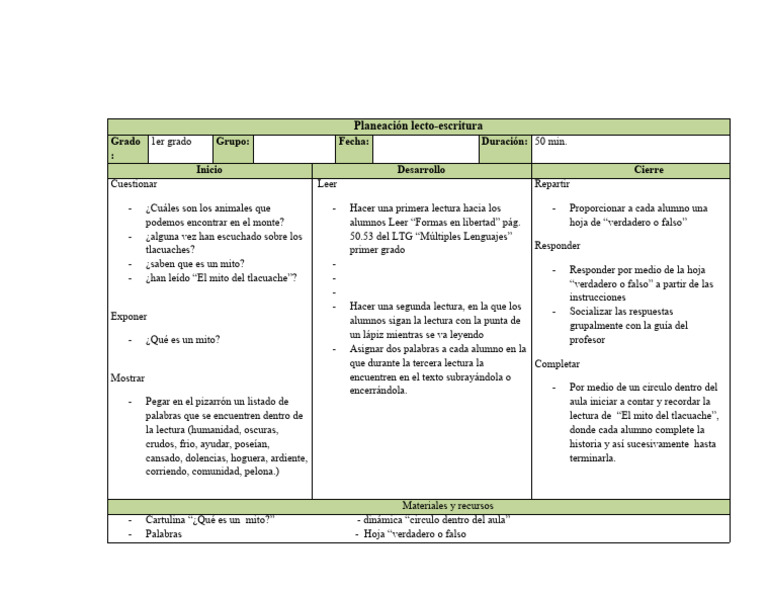 Planeación de Lectura para 1er Grado | PDF | Aprendizaje | Comunicación ...