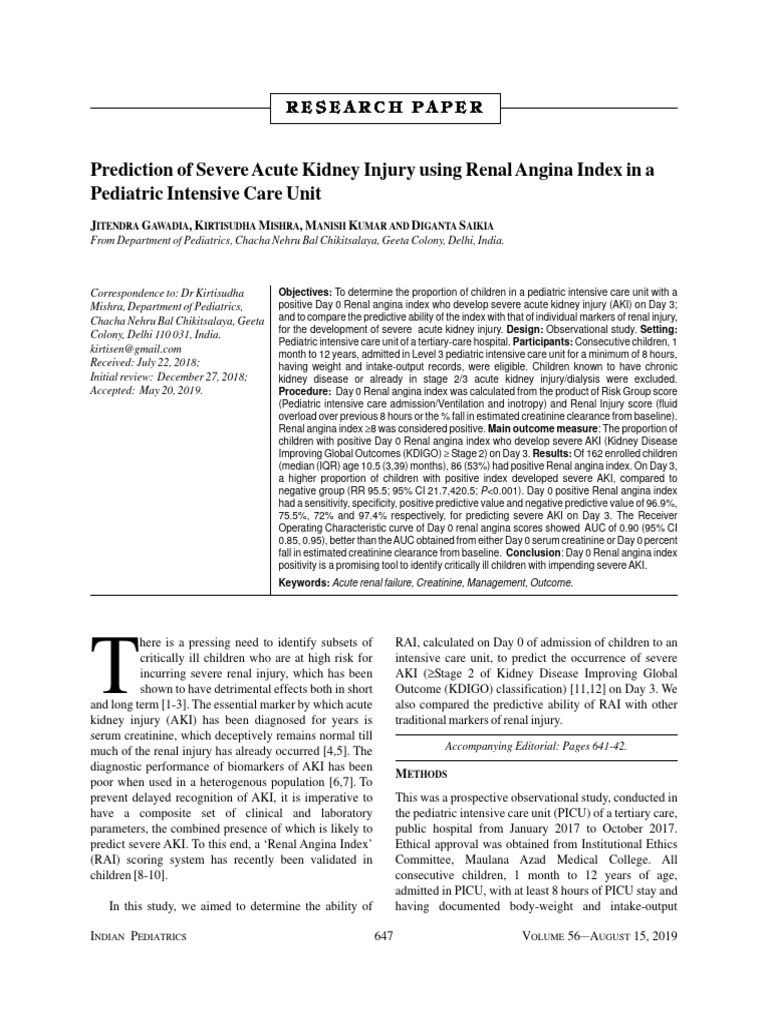 Prediction of Severe Acute Kidney Injury Using Renal Angina Index in A ...