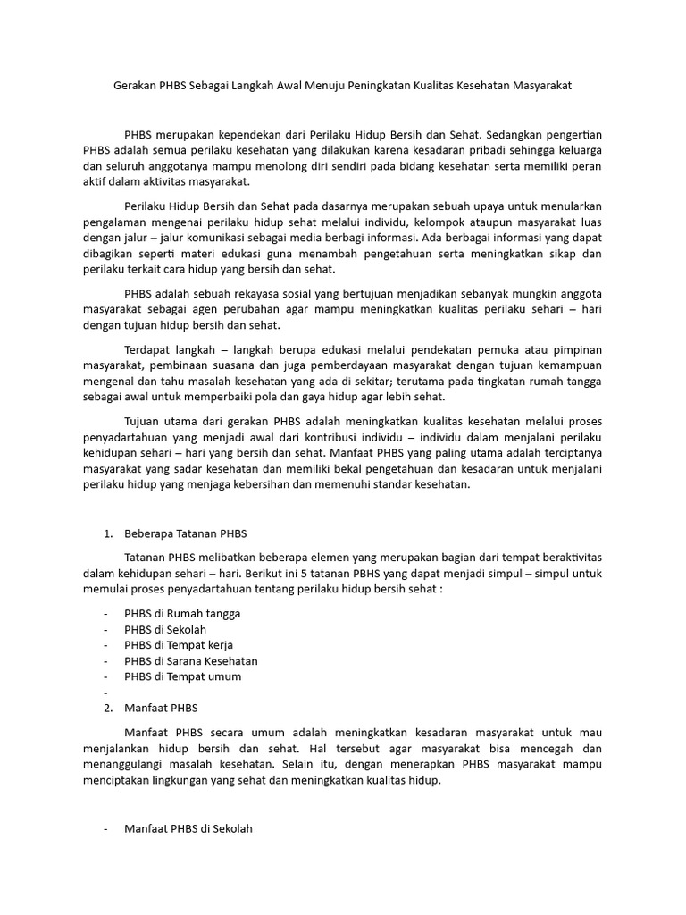 Gerakan Phbs Sebagai Langkah Awal Menuju Peningkatan Kualitas Kesehatan