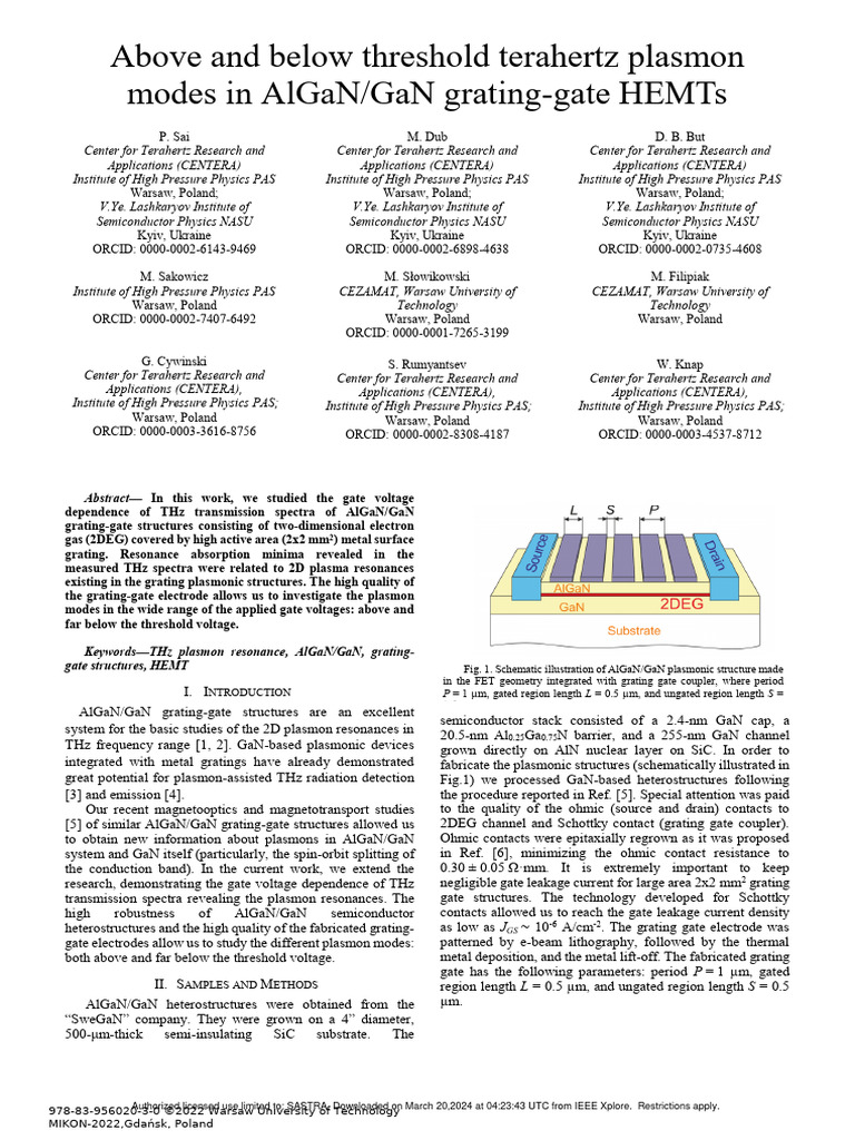 Above and Below Threshold Terahertz Plasmon Modes in Algan/Gan Grating ...