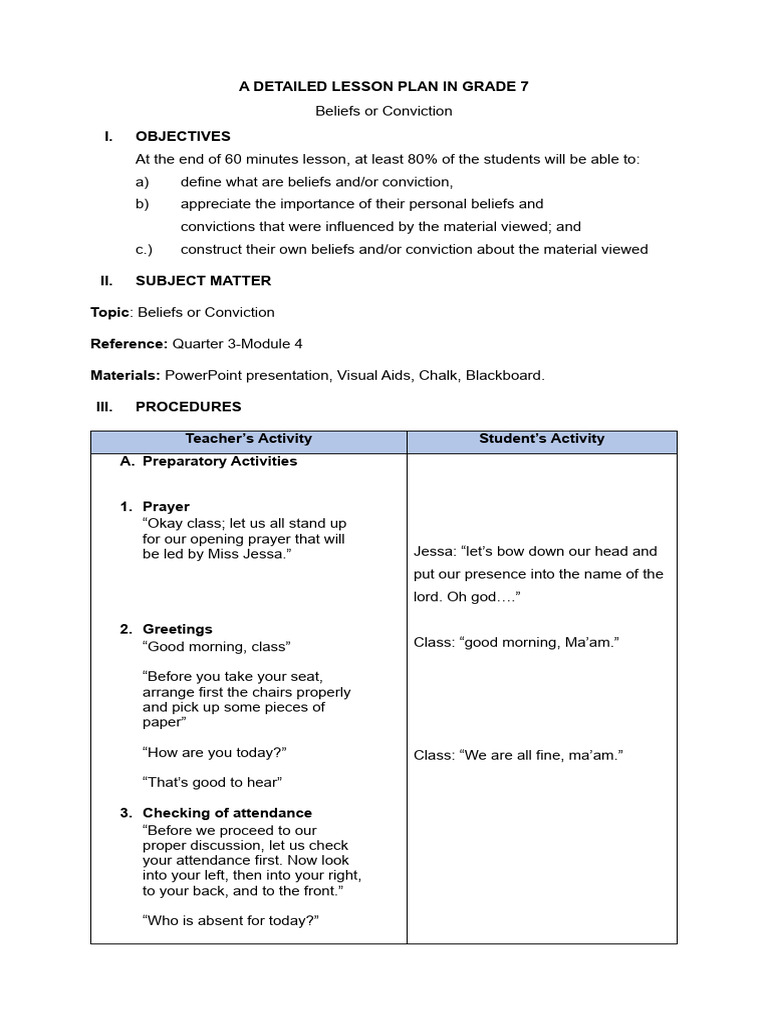 Grade 7 Lesson Plan: Beliefs & Convictions | PDF | Experience | Statistics