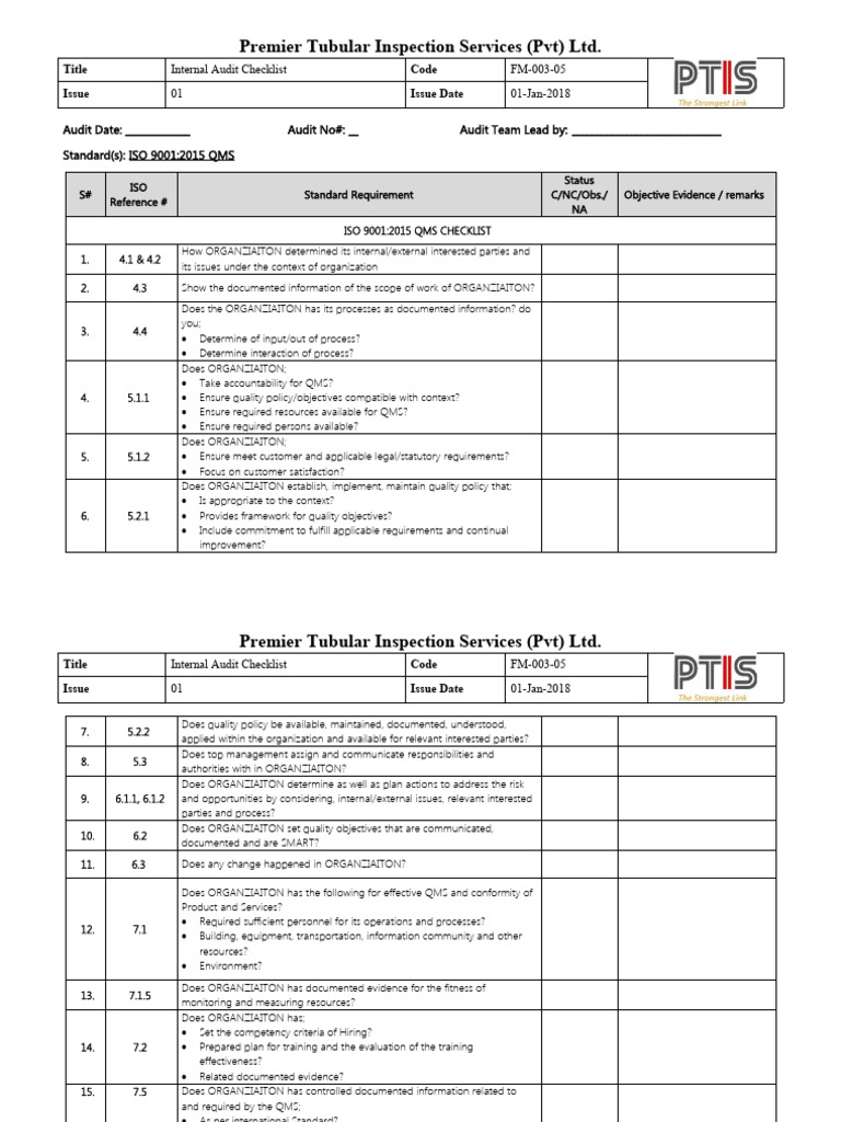 QMS Internal Audit Checklist 2018 | PDF | Quality Management System | Audit