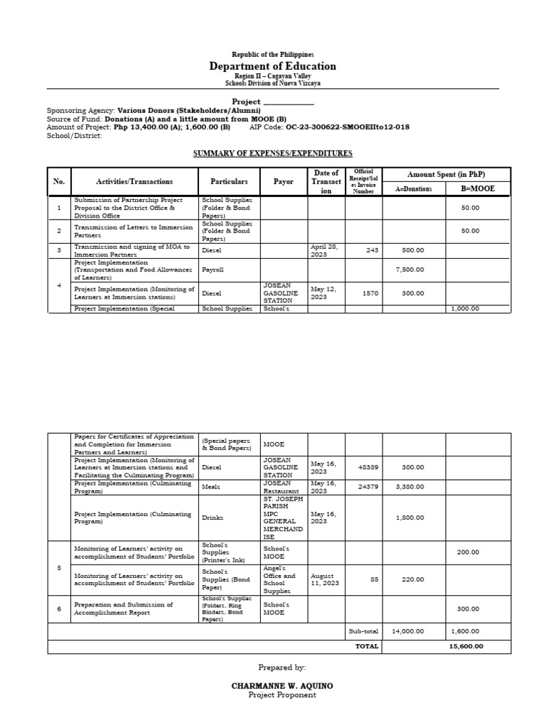 Sample Summary Of Expenses