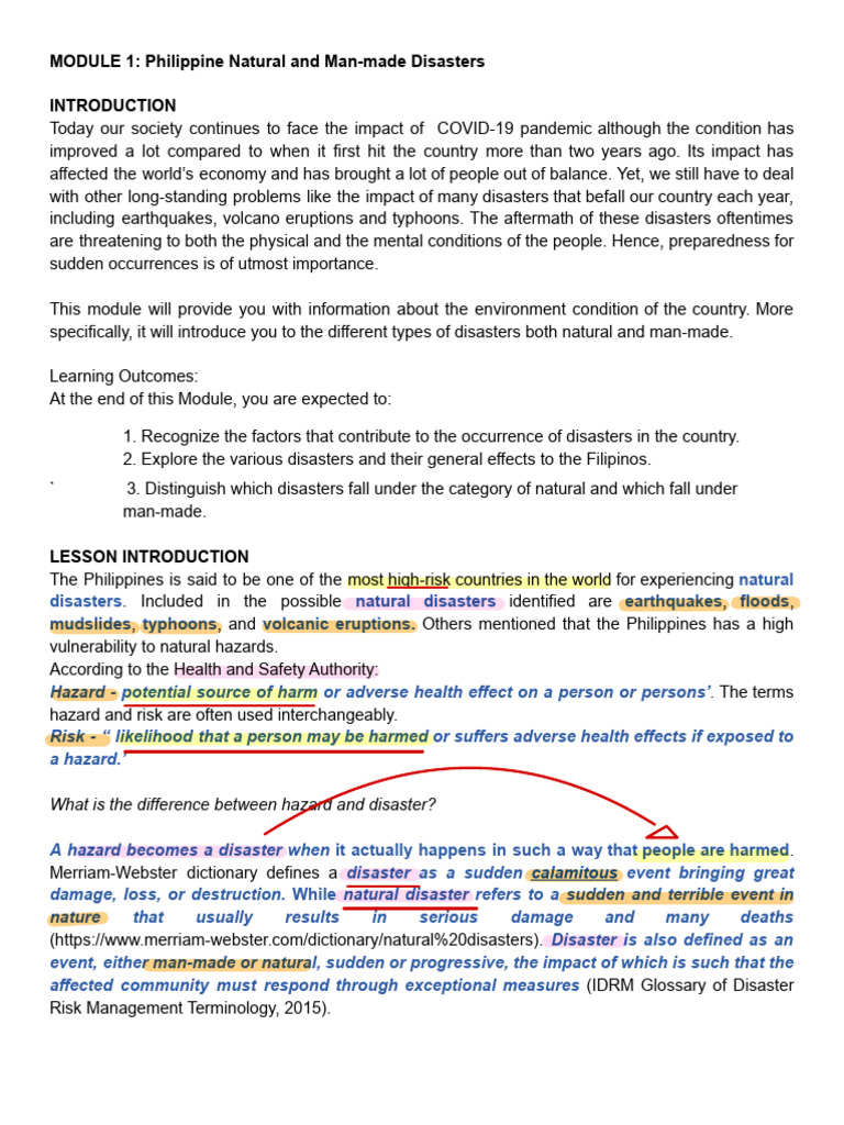 Module 1 Philippine Natural And Man Made Disasters Pdf Natural