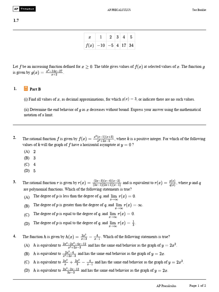 AP Precalculus Rational Functions Test | PDF | Asymptote | Function ...