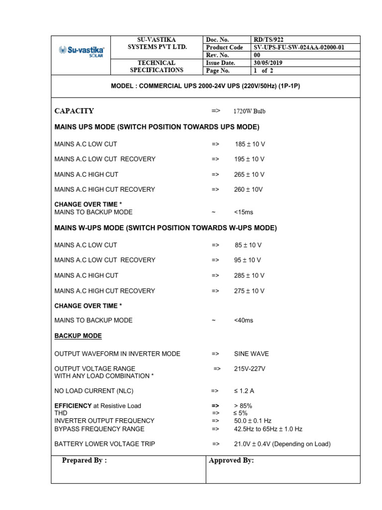 Commercial UPS 2000-24V Specs | PDF | Mains Electricity | Power Inverter