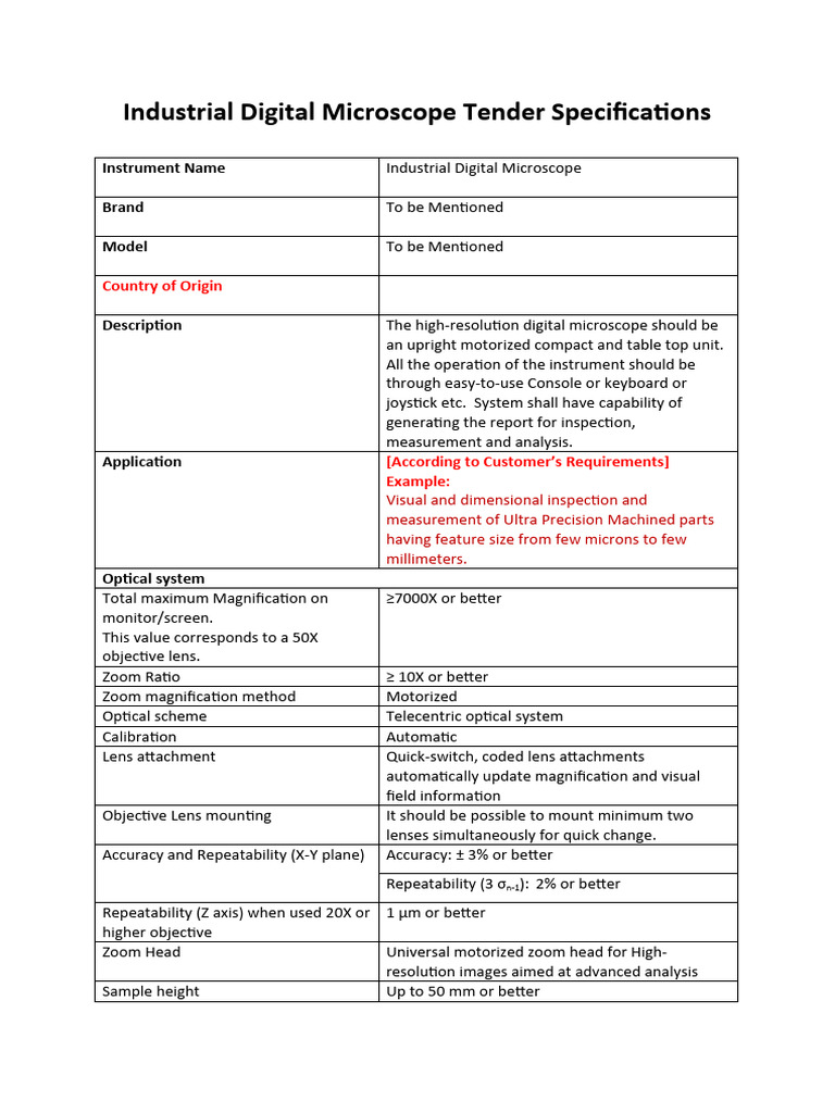Industrial Digital Microscope Specs | PDF | Zoom Lens | Imaging