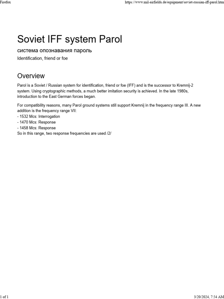 Soviet IFF System Parol Overview | PDF