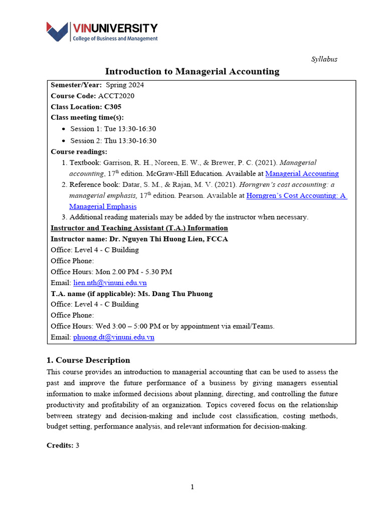 Managerial Accounting Syllabus Spring 2024 | PDF | Plagiarism | Lecture