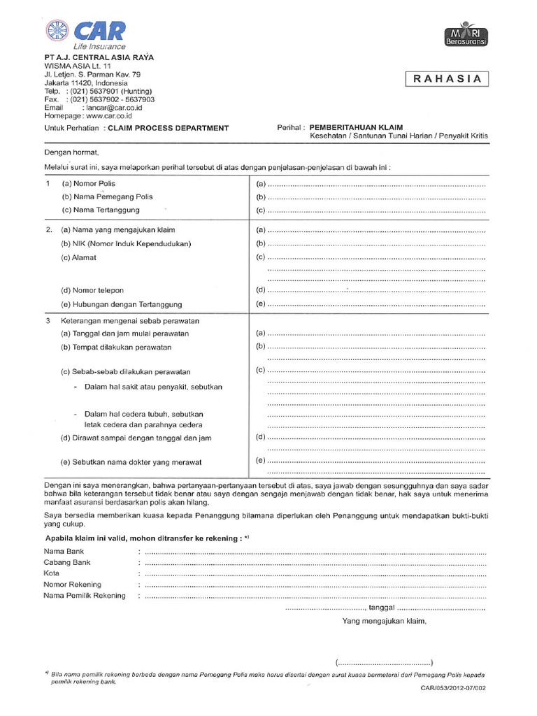 Formulir Pemberitahuan Klaim Rawat Inap | PDF