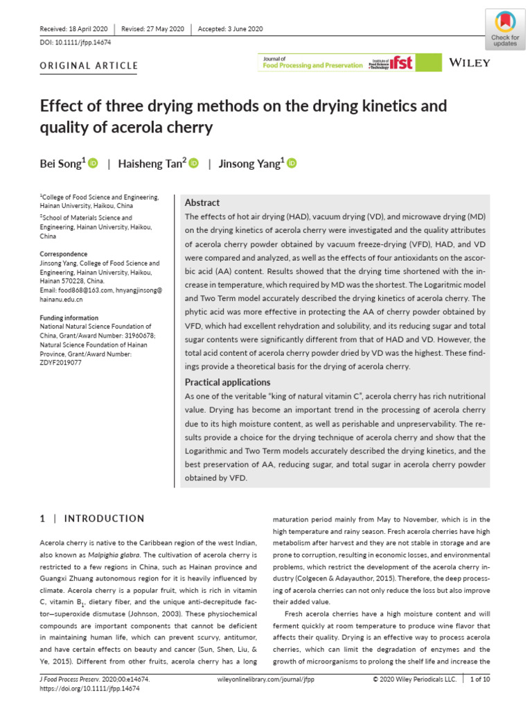 Drying Methods Impact on Acerola Cherry Quality | PDF | Titration ...