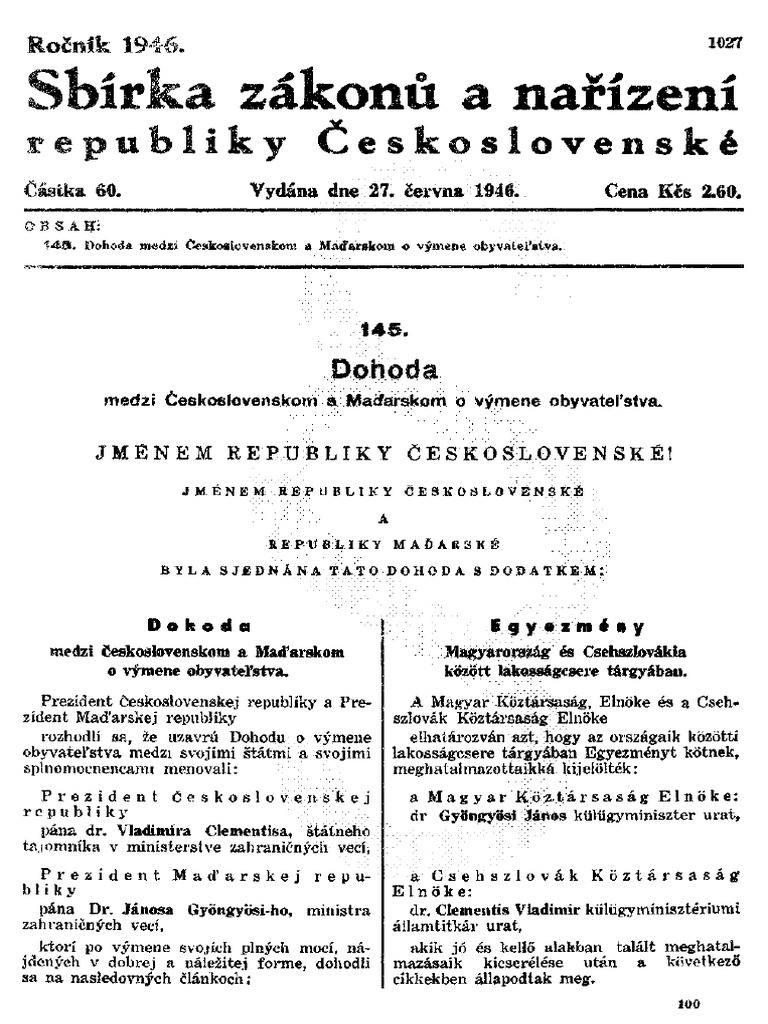 Dohoda O Vymene Obyvatelstva CSR A Madarska 1945 PDF