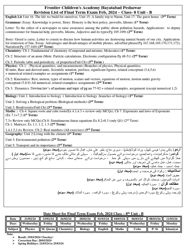 Final Term Exam Schedule Class 8 | PDF | Physics | Classical Mechanics