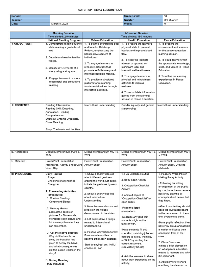 Grade 6 CUF Lesson Plan Week 6 March 8 2024 | PDF | Learning | Reading ...