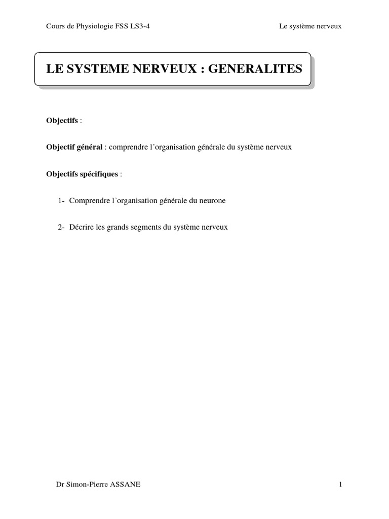 Chap 1 SYSTEME NERVEUX GENERALITES | PDF | Système nerveux | Nerf