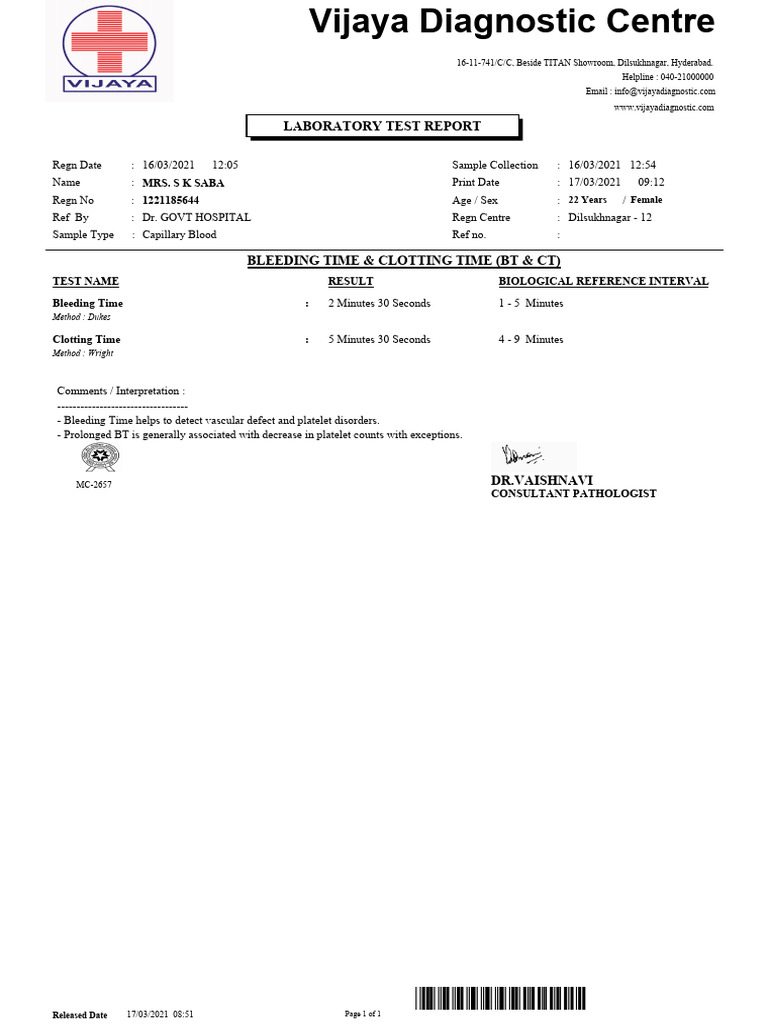 Vijaya Diagnostic Blood Test Report | PDF | Coagulation | Bleeding