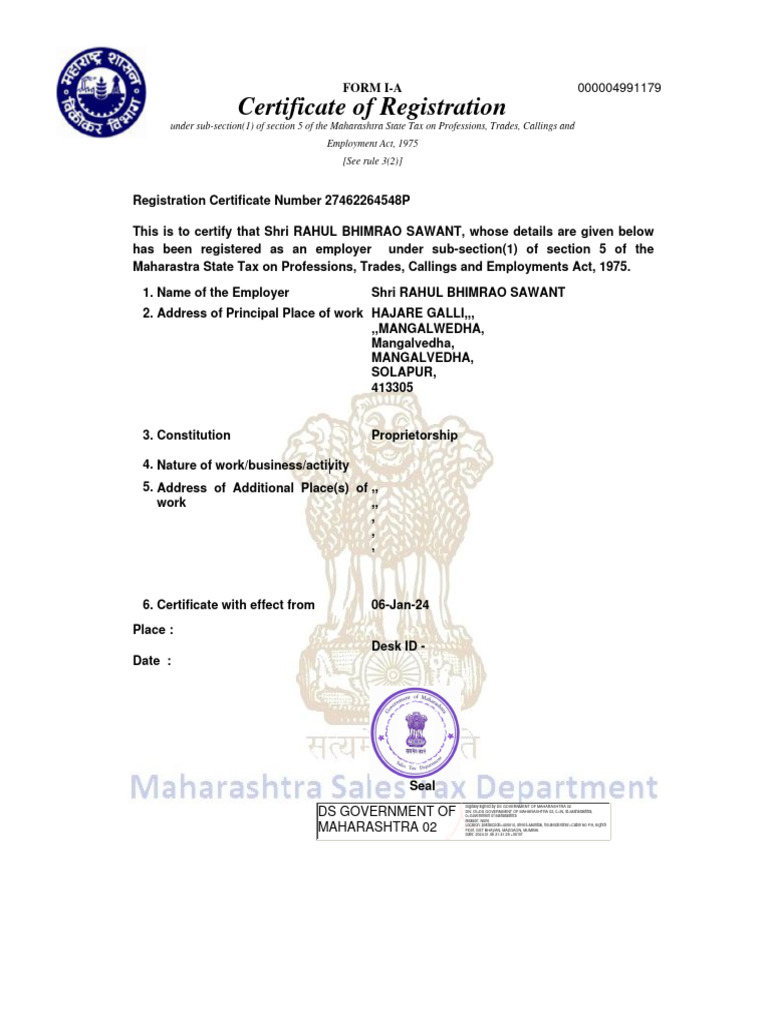 Rahul Sawant Registration Certificate | PDF