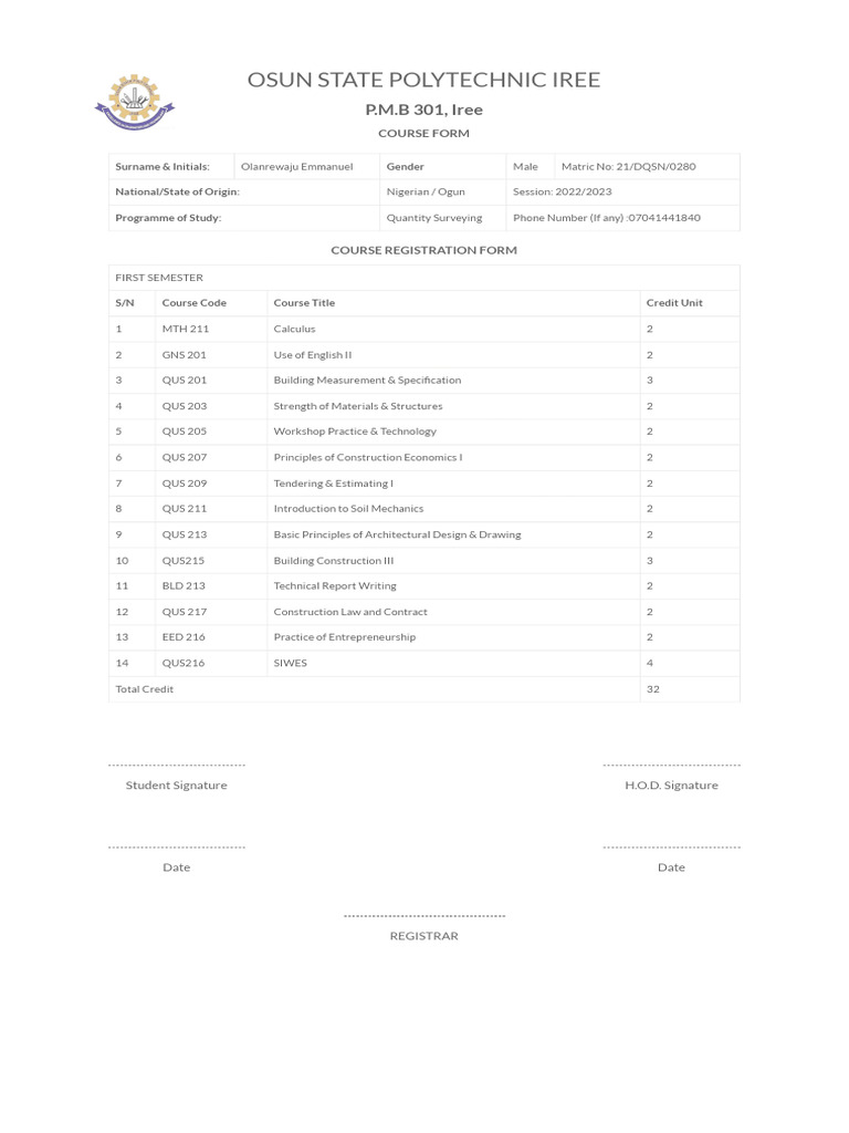 Emmanuel Course Registration Form-2 | PDF | Science