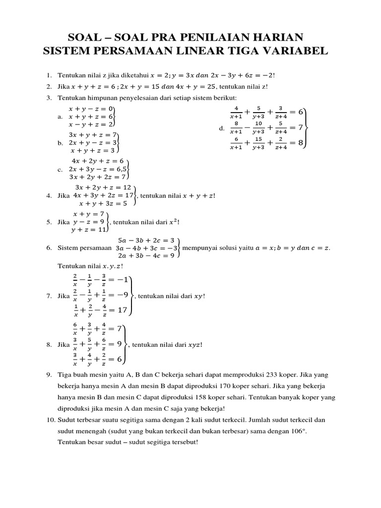 Soal SPLTV dan Persamaan Linear Kelas 10 | PDF