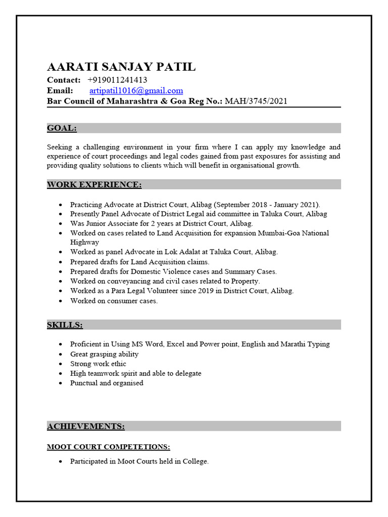 Legal Advocate Resume of Aarati Patil | PDF | Justice | Crime & Violence