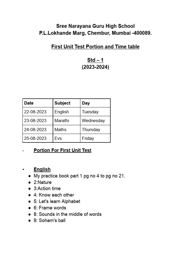 First Unit Test Schedule for Std 1 | PDF
