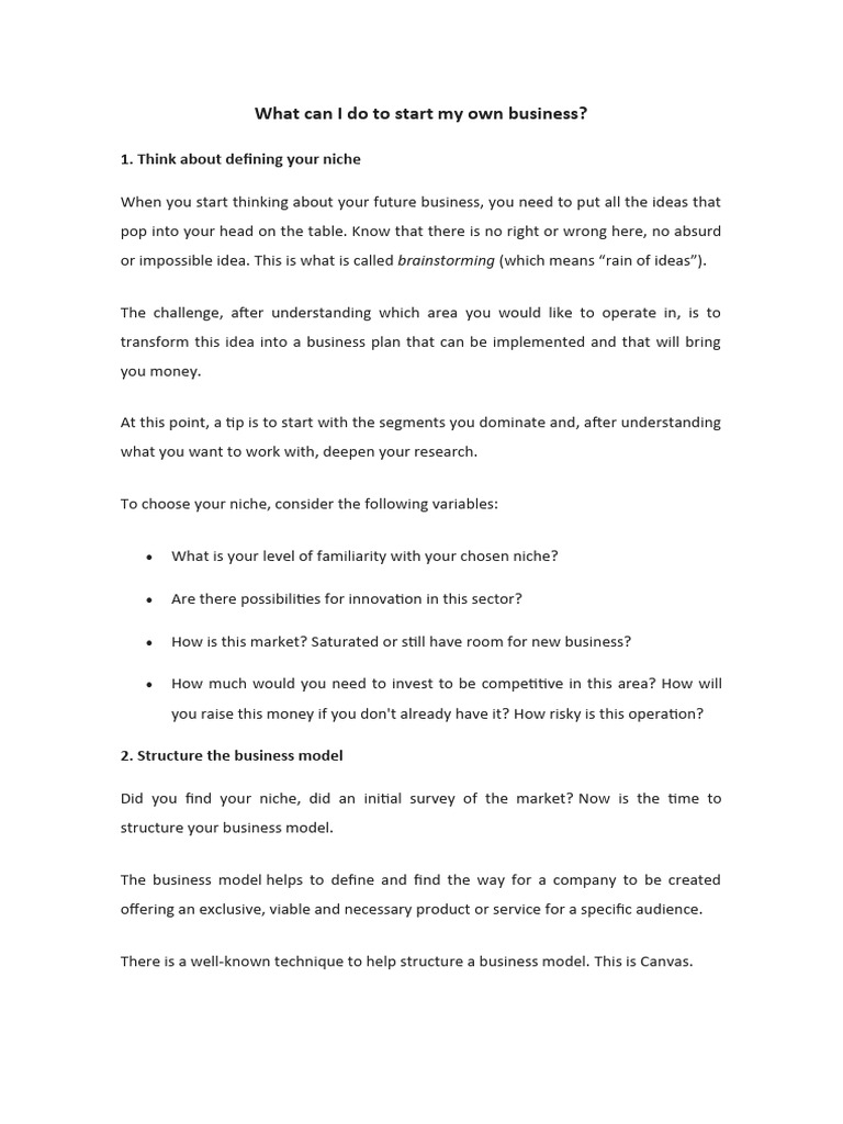 What can i do to start my own business pdf business model market
