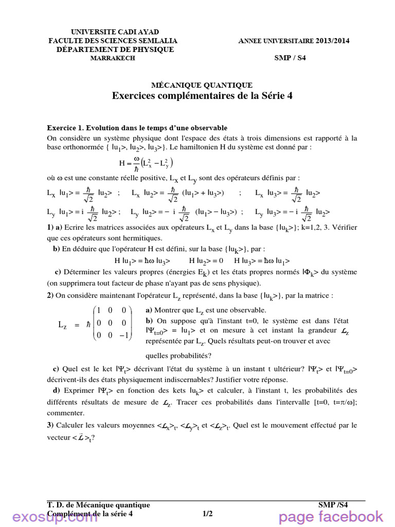 Exercices de Mécanique Quantique S4 | PDF | Physique | Physique théorique