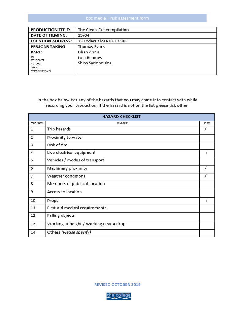 bpc risk assesment | PDF | Risk Assessment | Safety