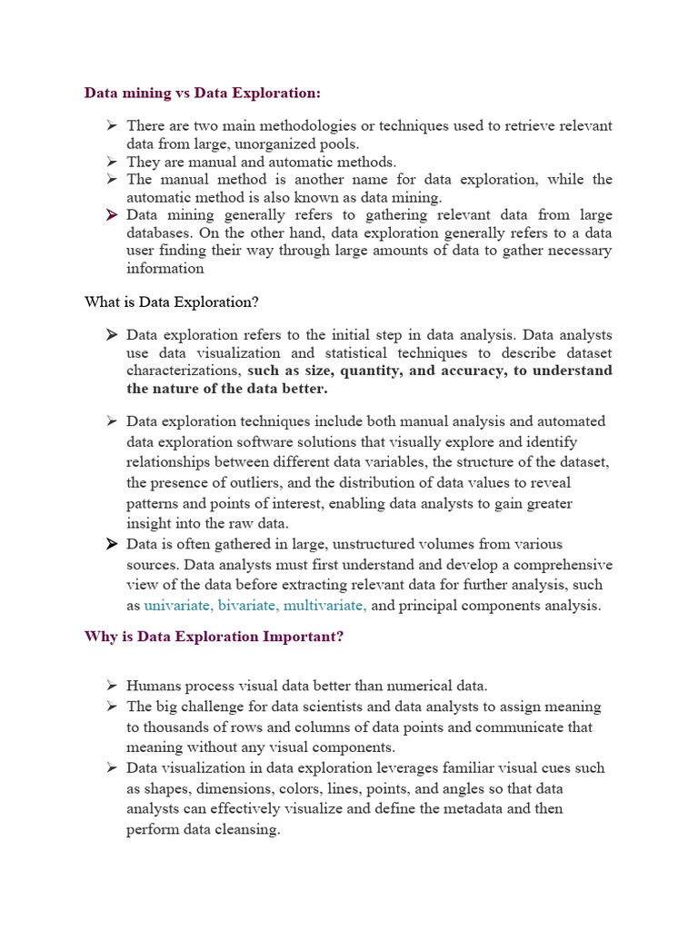 Data mining vs Data Exploration UNITII PDF Data Analysis Data
