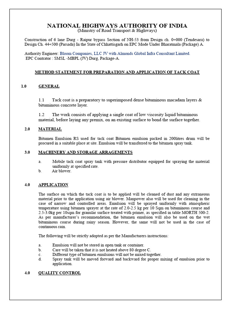 Tack Coat Application Method Statement | PDF | Tanks | Materials