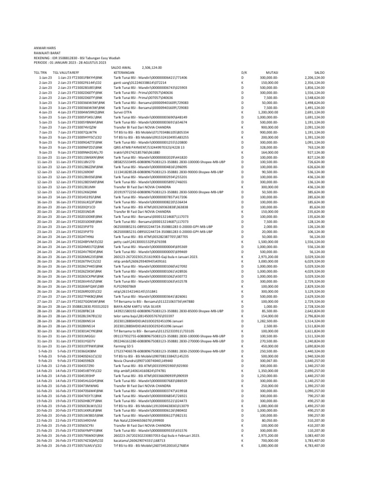 Bank Statement Summary: Jan-Aug 2023 | PDF | Indonesia | Banking Technology