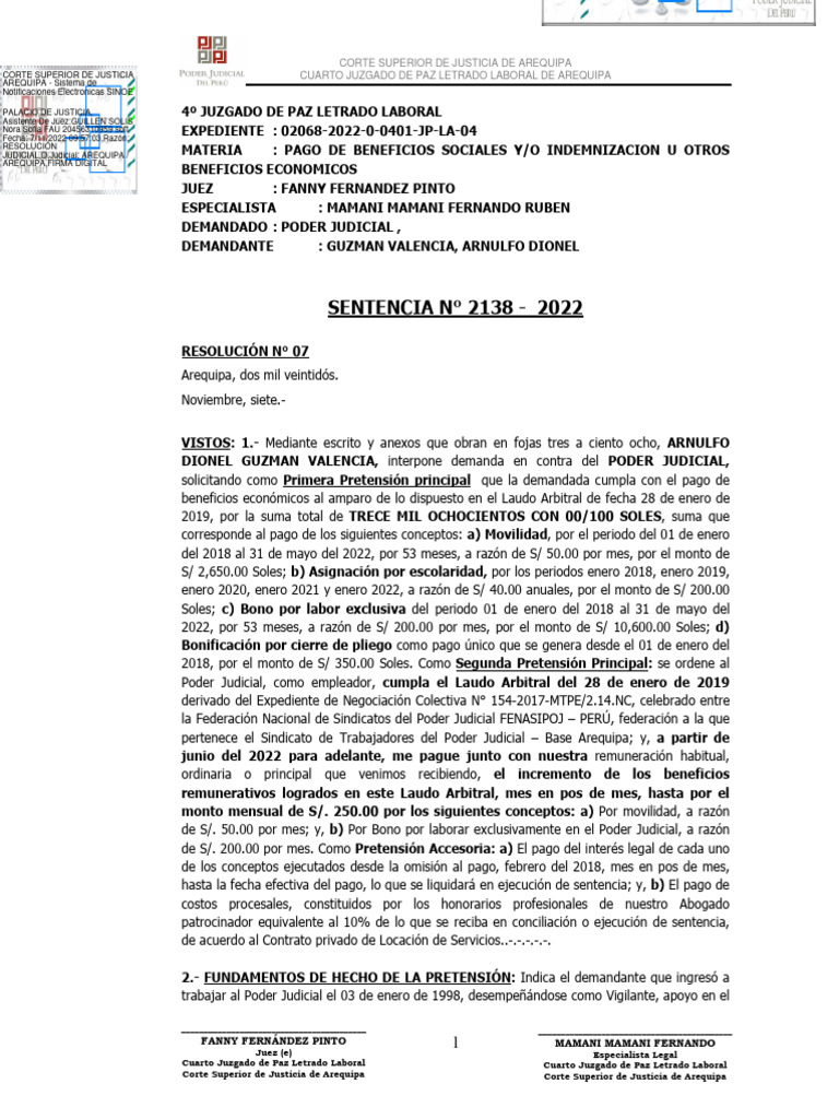 Sentencia de Primer Instancia Exp 2068-2022 | PDF | Derecho laboral